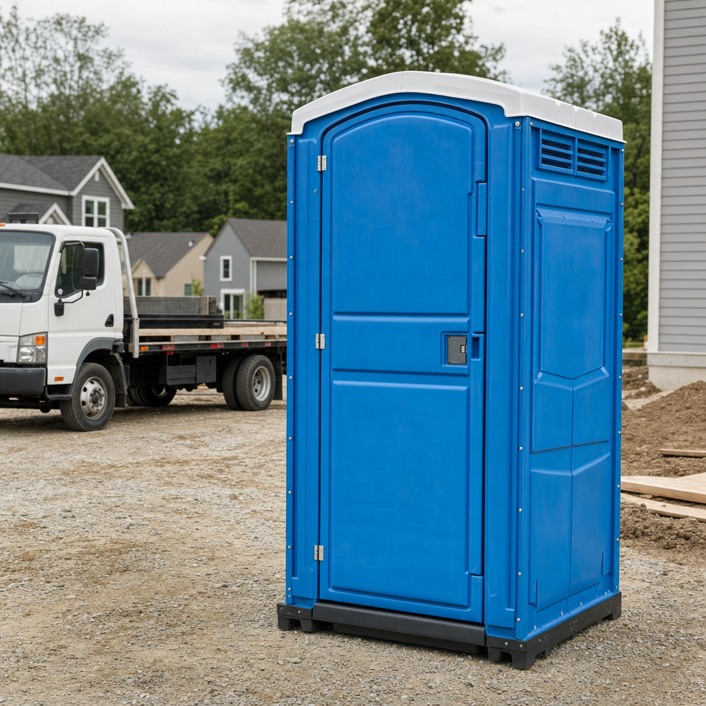 Delivery driver positioning a clean royal-blue portable toilet on level ground at a Lowell worksite