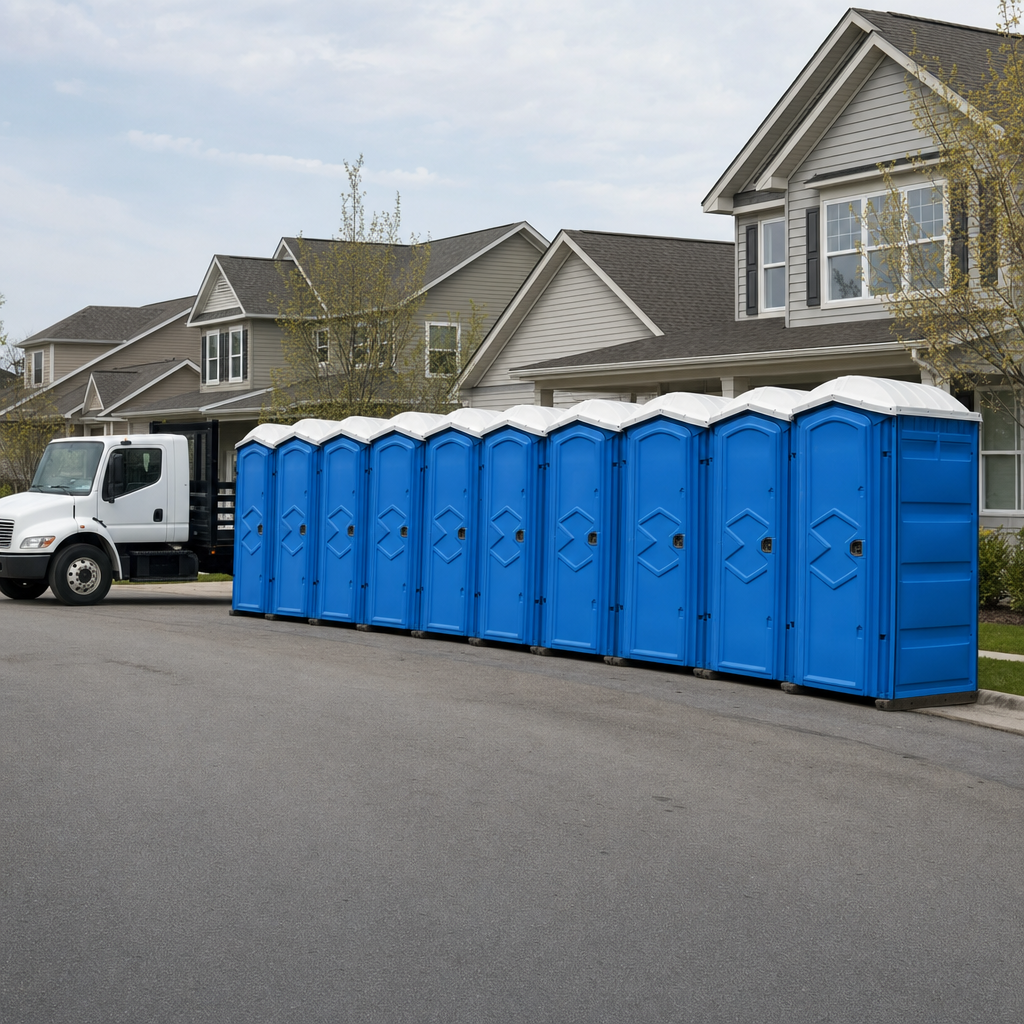 Royal blue portable toilets staged in a tidy row at a Lowell jobsite, ready for delivery